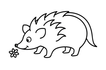 Adorable cartoon hedgehog sniffing flower outline illustration