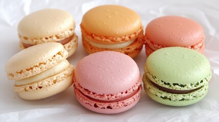 Obraz premium Pastel Macaron Assortment on Crumpled Parchment with Soft Daylight