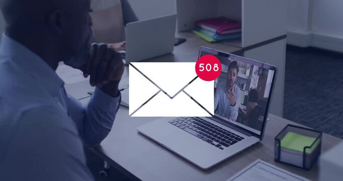 On meeting start businessman resting while envelope icon fading gliding and badge updating backlog