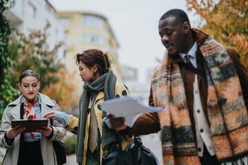 Three young people engaging in teamwork outdoors, reviewing documents and a digital tablet, showcasing teamwork and collaboration.