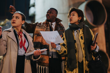 Three multiracial business people collaborate outside during the evening, dressed formally, with documents and gestures showcasing active teamwork, planning, and communication.