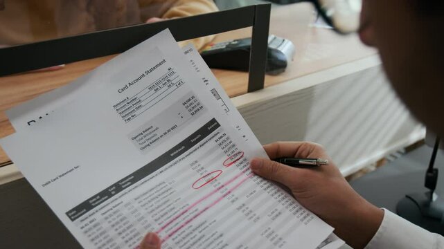 Close-up shot of unrecognizable bank teller reviewing documents and helping confused client through service window