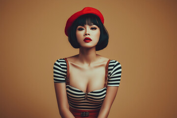 stylish modern pin-up model in striped top and red beret posing with confident allure against warm background