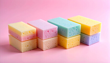 Pastel colored bath sponges stack on pink background