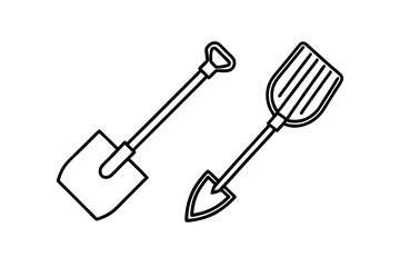 Gardening tools shovel spade outline illustration set