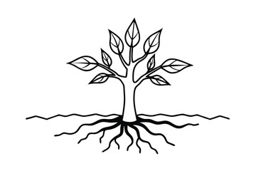 Simple line drawing of a tree with roots and leaves
