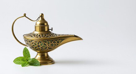 Golden genie lamp with mint on white background