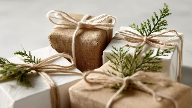 Elegant neutral gift boxes with twine and green sprigs sit on a gray surface, perfect for holiday celebrations, birthdays, or other special occasions.