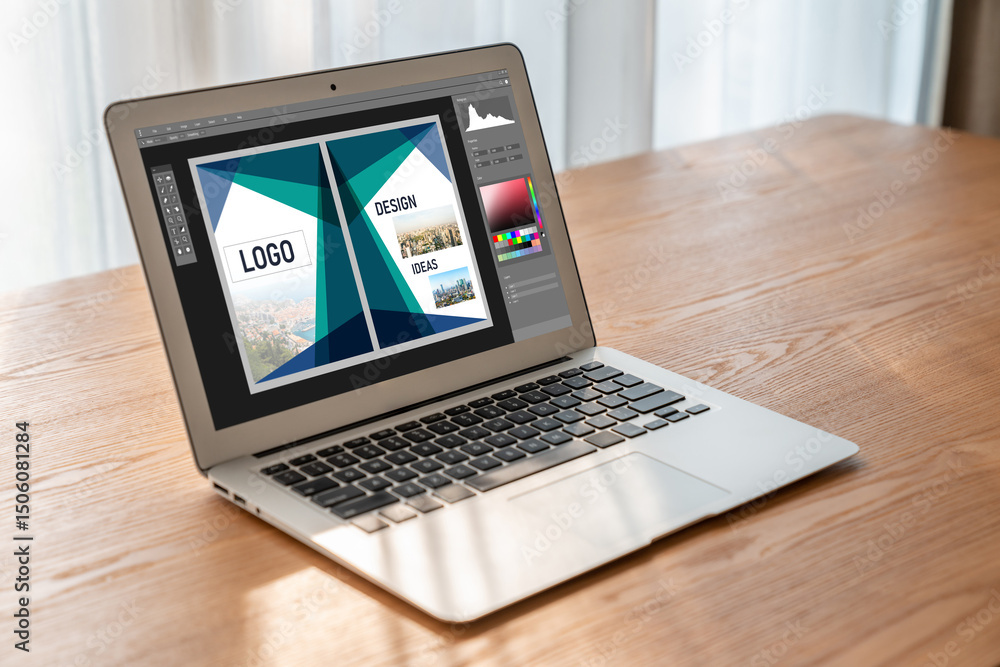 Poster graphic designer software for modern design of web page and commercial ads showing on the computer s