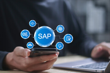SAP enterprise software concept. Data processing systems, applications and products. Businessman...