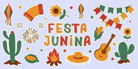 Set stickers Festa Junina traditional elements with cactus, guitar, corn, fireworks and decorations. Ideal for June party design and celebration themes