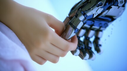 The touch of a robot's hand to a person. Sci-fi. Technologies of the future