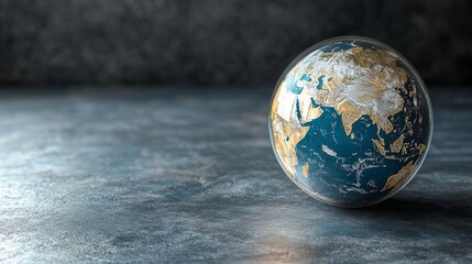 Detailed view of a luminous glass sphere depicting planet earth with continents and oceans on a dark textured surface background.