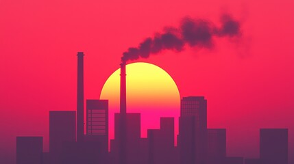 Polluting dark smoke billows from industrial factory chimneys over a silhouetted city skyline against a vibrant red sunset.