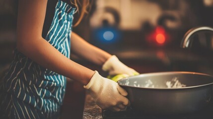 Obraz premium Unrecognizable person wearing a striped apron and protective gloves is preparing ingredients in a large pot for cooking a delicious meal.