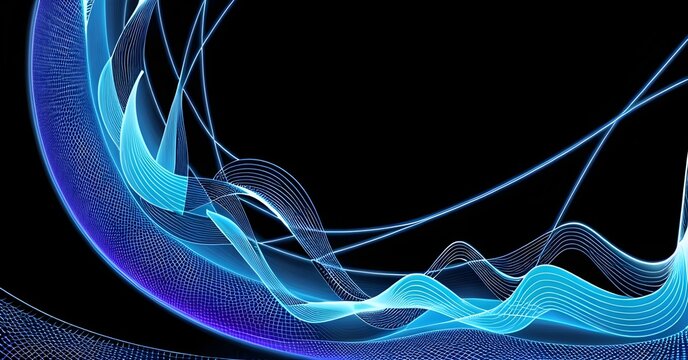 Fourier bloom waveforms glow against indigo with clear space on the right for overlay or headline.