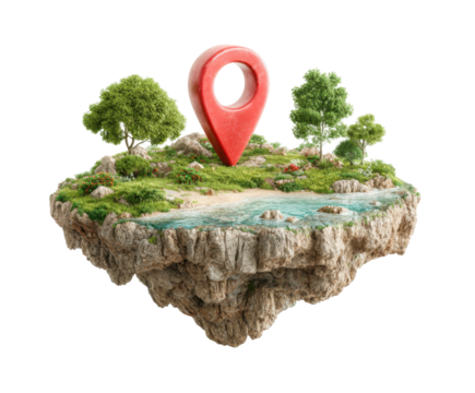 Exploring a fantasy island location with a navigation pin digital vibrant nature aerial view isolated on transparent background