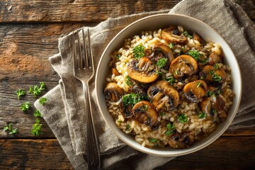 Creamy mushroom risotto served in a rustic bowl, styled with fresh herbs and natural light – ideal for cookbooks, restaurant menus, or food blogs.
