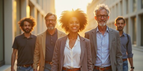 Team people portrait, young smiling woman, good mature man. Multi ethnic group unity, trust work focus. Modern office partner, diverse person upbeat job, growth crew worker. Light happy youth career