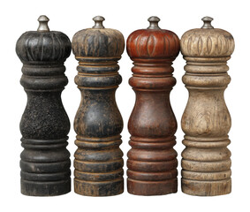 Unique wooden pepper mills collection culinary kitchen product rustic style isolated on transparent background