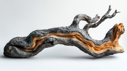 Fototapeta premium Documentary Photography of a gnarled tree branch, isolated on a plain white background, showcasing its unique texture and character.