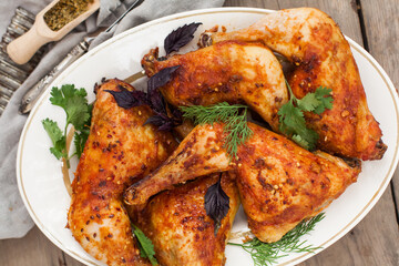 Top-down view of pub food: baked chicken drumsticks, rustic fries, sliced pickles, sauces, and beer. Cozy and casual atmosphere. Perfect for menus, blogs, or food delivery visuals