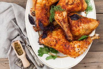 Top-down view of pub food: baked chicken drumsticks, rustic fries, sliced pickles, sauces, and beer. Cozy and casual atmosphere. Perfect for menus, blogs, or food delivery visuals