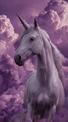 Naklejka premium Photoreal Holographic Unicorn in Purple Clouds with Vintage Editorial Aesthetic