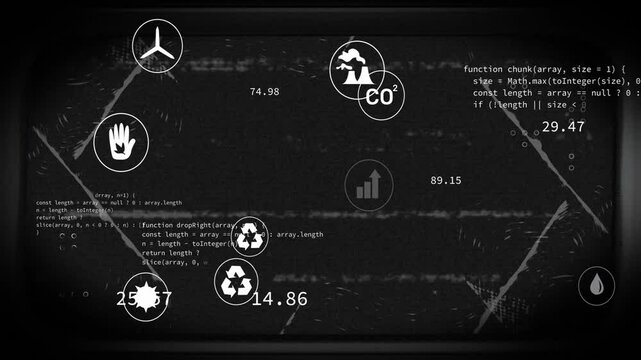 Opening glitch grid showing icons floating and code scrolling for visualizing eco metrics dashboard
