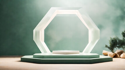 Elegant Minimalist Product Display Podium with Geometric Arch and Natural Elements