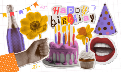 Set of birthday elements. Dotted halftone Collage design elements set in trendy pop art style. Retro halftone effect. Hand with flower, cake, cupcake with candle, champagne bottle, mouth.Vector design