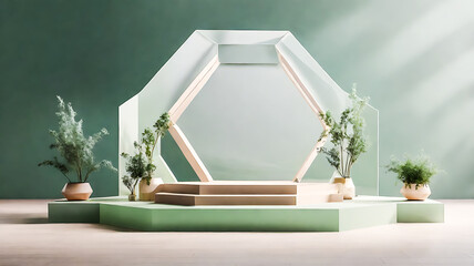 Elegant Minimalist Stage with Geometric Backdrop and Plant Accents in Soft Light