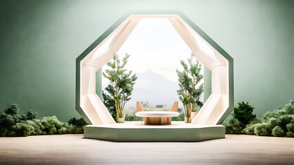 Minimalist Interior Stage with Geometric Frame Plants and Mountain View