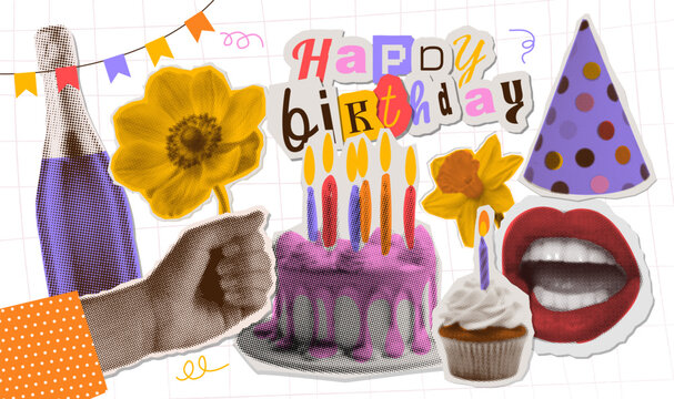 Set of birthday elements. Dotted halftone Collage design elements set in trendy pop art style. Retro halftone effect. Hand with flower, cake, cupcake with candle, champagne bottle, mouth.Vector design