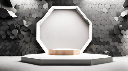 Modern Product Display Platform with Hexagonal Background and Octagonal White Frame
