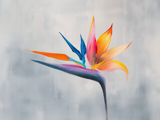 Abstract oil painting of sterlitzia fflower on gray