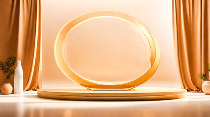 Elegant Beige Product Display Podium with Golden Circle and Curtains Backdrop