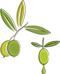Vector illustration of an olive branch with a drop of oil. Perfect for Mediterranean food, organic products, wellness, nature, health, cosmetics, and eco-friendly design concepts.