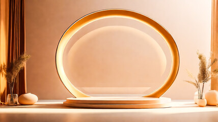Elegant Minimalist Podium with Golden Circle and Neutral Tones for Product Display