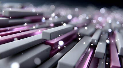 Abstract 3D render of overlapping rectangular prisms in grey and magenta, with glowing particles