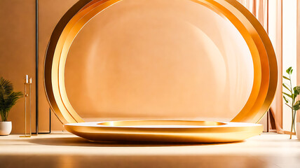 Elegant Golden Product Display Platform with Circular Backdrop and Subtle Accents