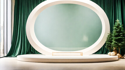 Elegant Christmas Product Display Podium with Circle Frame and Green Curtains