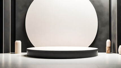 Minimalist Product Display Podium with Circle Backdrop and Decorative Vases