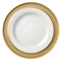 White Plate With Golden Border Isolated On Transparent Background