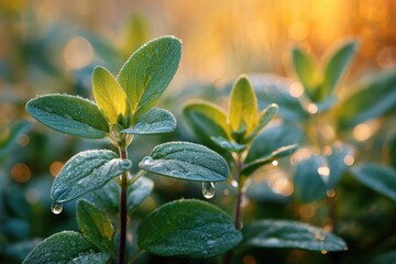 Dew-covered leaves glowing in soft morning light, captured in poetic macro detail – ideal for nature blogs, wellness designs, or eco-friendly branding.