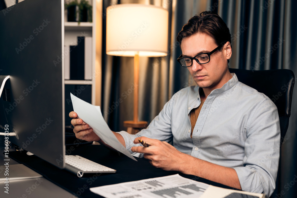 Poster smart businessman analyzing business paragraph dynamic database marketing analysis plan surrounded p