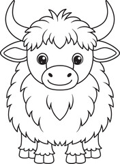 Cute Cartoon Yak Illustration for Coloring Book or Educational Materials