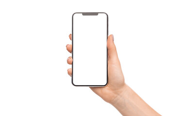 Woman holding cellphone with big blank screen, isolated on white background, empty space