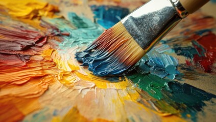 Colorful paint swirling on palette with brush