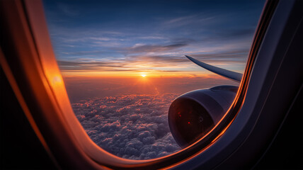Fototapeta premium 飛行機の窓から望む夕焼け雲海